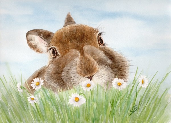 Postkarte DIN-A5 Aquarell Kunst Druck Kunstdruck Hase Kaninchen Ostern Frühling Osterhase